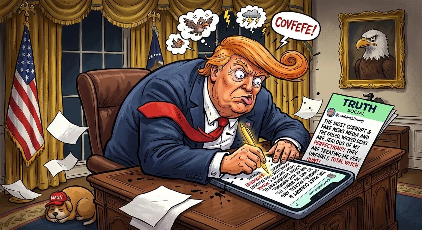 Cartoon of Trump hunched over the Resolute Desk, furiously typing an all-caps Truth Social post
