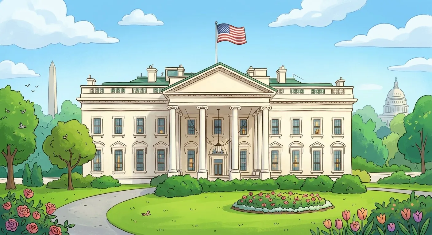 Illustration of the White House on a sunny day, with the Washington Monument and the Capitol behind